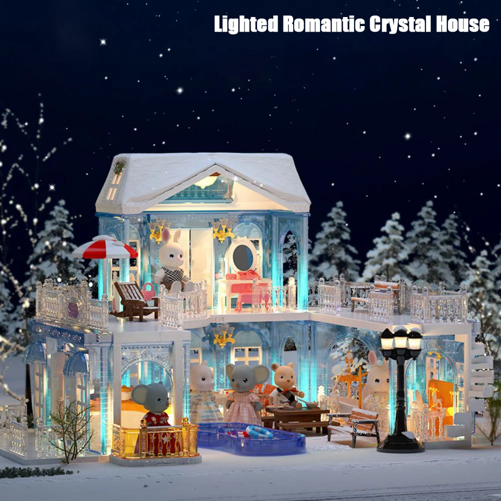 Роскошный светильник лый кристаллический дом, миниатюрная мебель, кукольный домик «сделай сам», Замок принцессы, набор для сборки, игрушки для девочек, подарок на день рождения