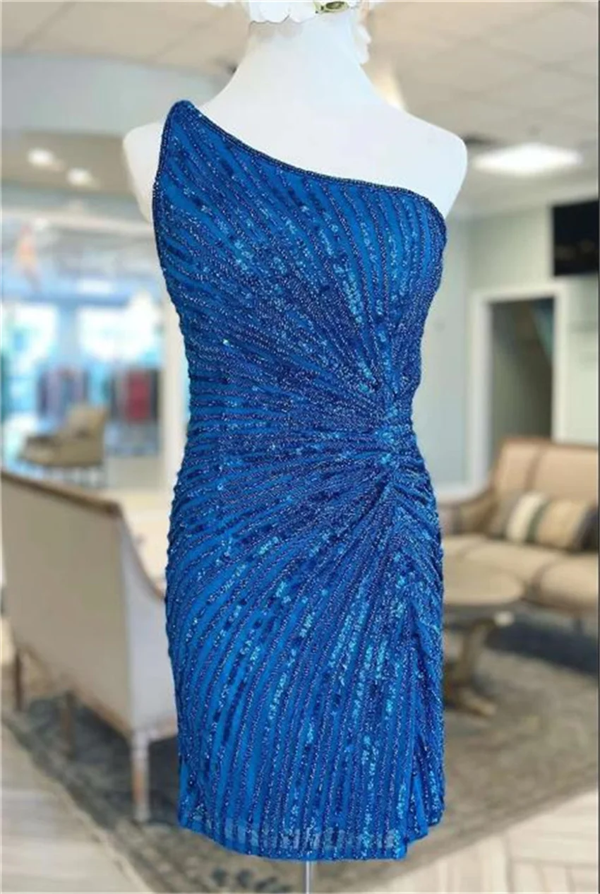 

Royal Blue Homecoming Dresses 2023 Short Cute One-shoulder Sheath Party Vintage Elegant Sequined Party Sleeveless Tight Party