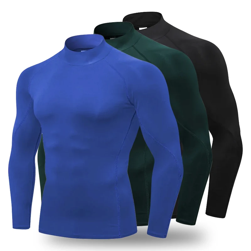 

Men High Collar Tight Running T Shirt Sports Gym Crossfit Long Sleeve Fitness Quick Dry Compression Training Top Custom Logo