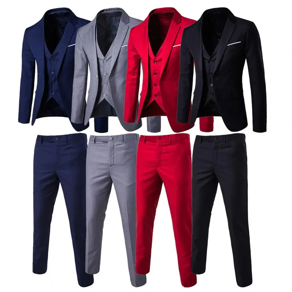 

1 Set Stylish Blazer Vest Pants Set Turndown Collar Slim Groom Suit Pure Color Buttons Cuff Blazer Vest Pants