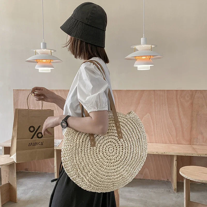 Round Woven Straw Beach Bag - Travel Tote 18 S8d6cb981fedf48e482aeb678600ce483y