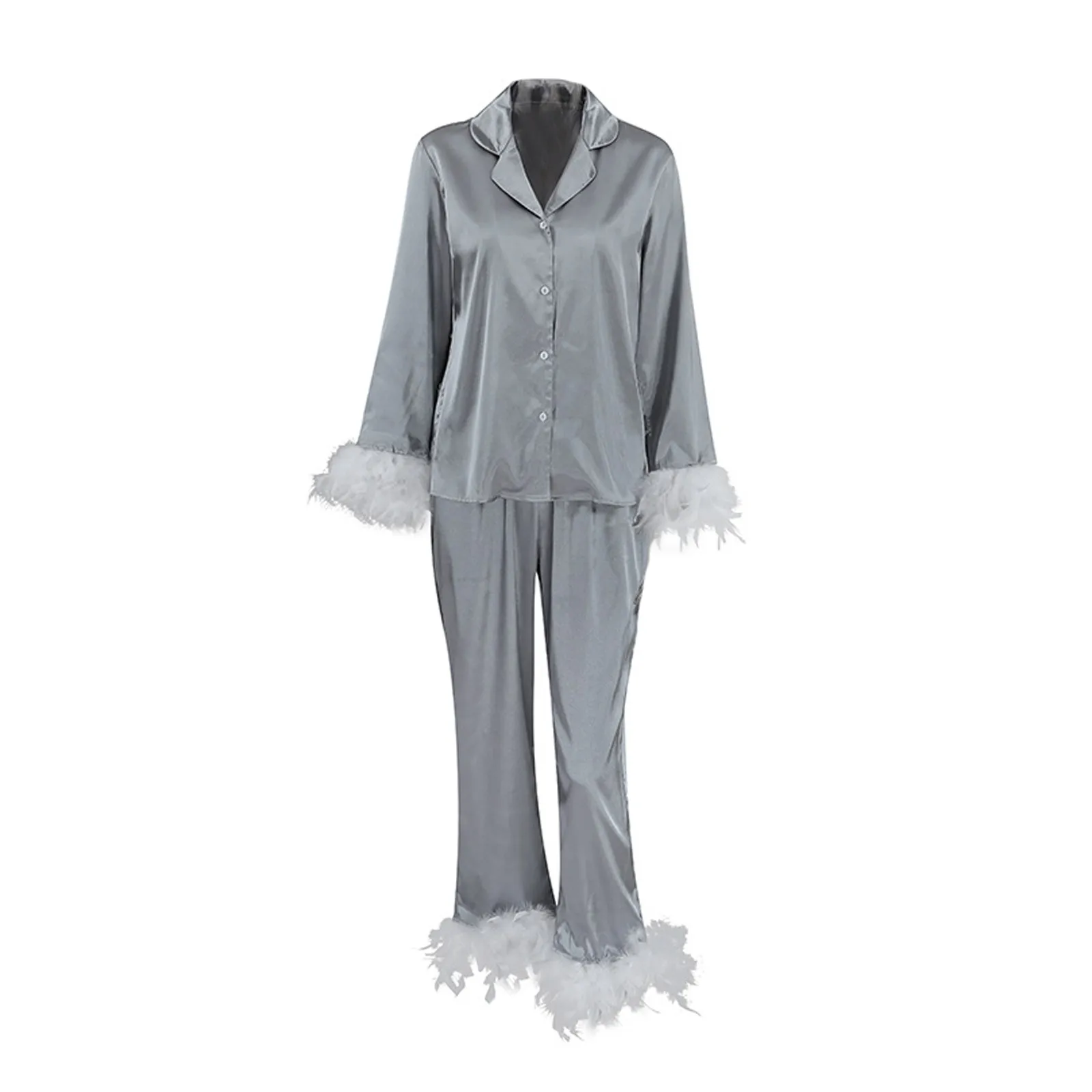 

Pyjama Sets For Women Soft Solid Color Two Piece Loungewear Sets Long Sleeve Lapel Tops Long Pants Matching Pyjamas Nightwear