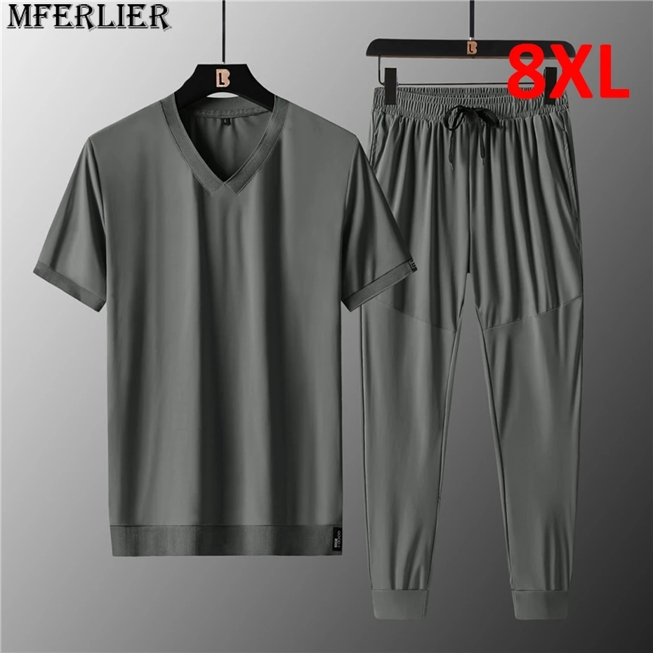 

Plus Size 7XL 8XL Suit Men 2Pcs/Set Summer Shirts Sweatpants Fashion Causal Solid Color Men's Sets Big Size 8XL