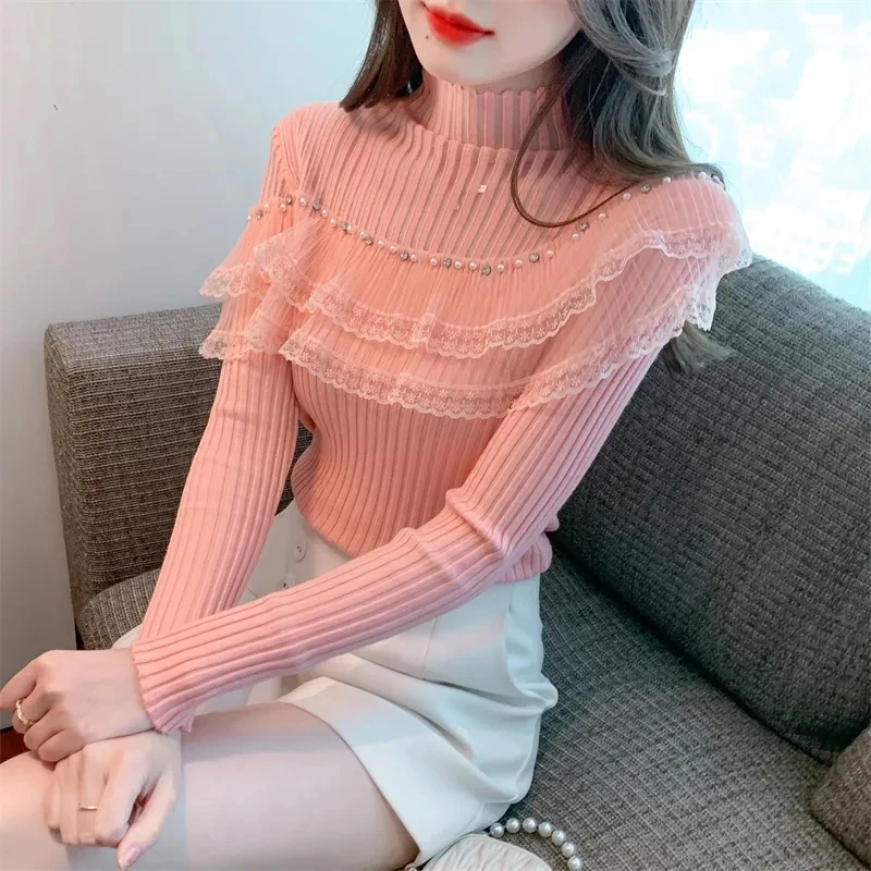 Female Temperament Solid Half High Collar Sweaters Autumn Winter Simplicity Lace Spliced Slim Knitted Tops Women's Clothing
Female Temperament Solid Half High Collar Sweaters Autumn Winter Simplicity Lace Spliced Slim Knitted Tops Women's Clothing