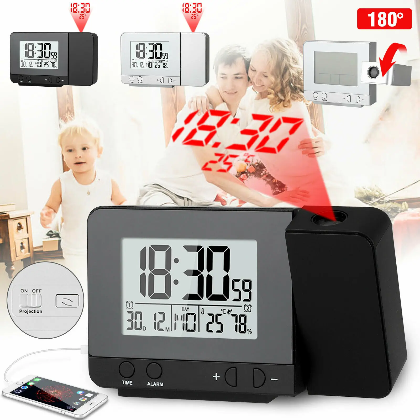 

Digital Alarm Clock LED Projector Temperature Thermometer Desk Time Date Display Projection Calendar USB Charger Table Clock