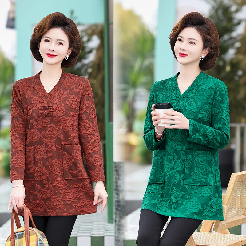 

Vintage Casual flower Long sleeved Blouse 2024 Spring Commute V-neck Button Female Clothing Stylish Loose Midi Shirt