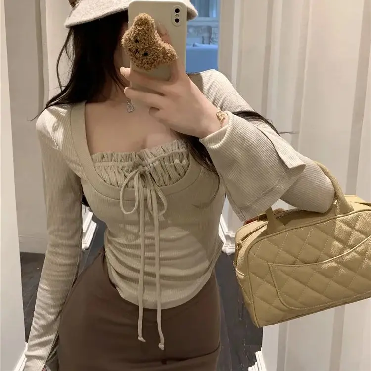 

Hsa Korean style design square collar lace-up pleated chest-revealing knitted bottoming outer wear slimming T-shirt for women