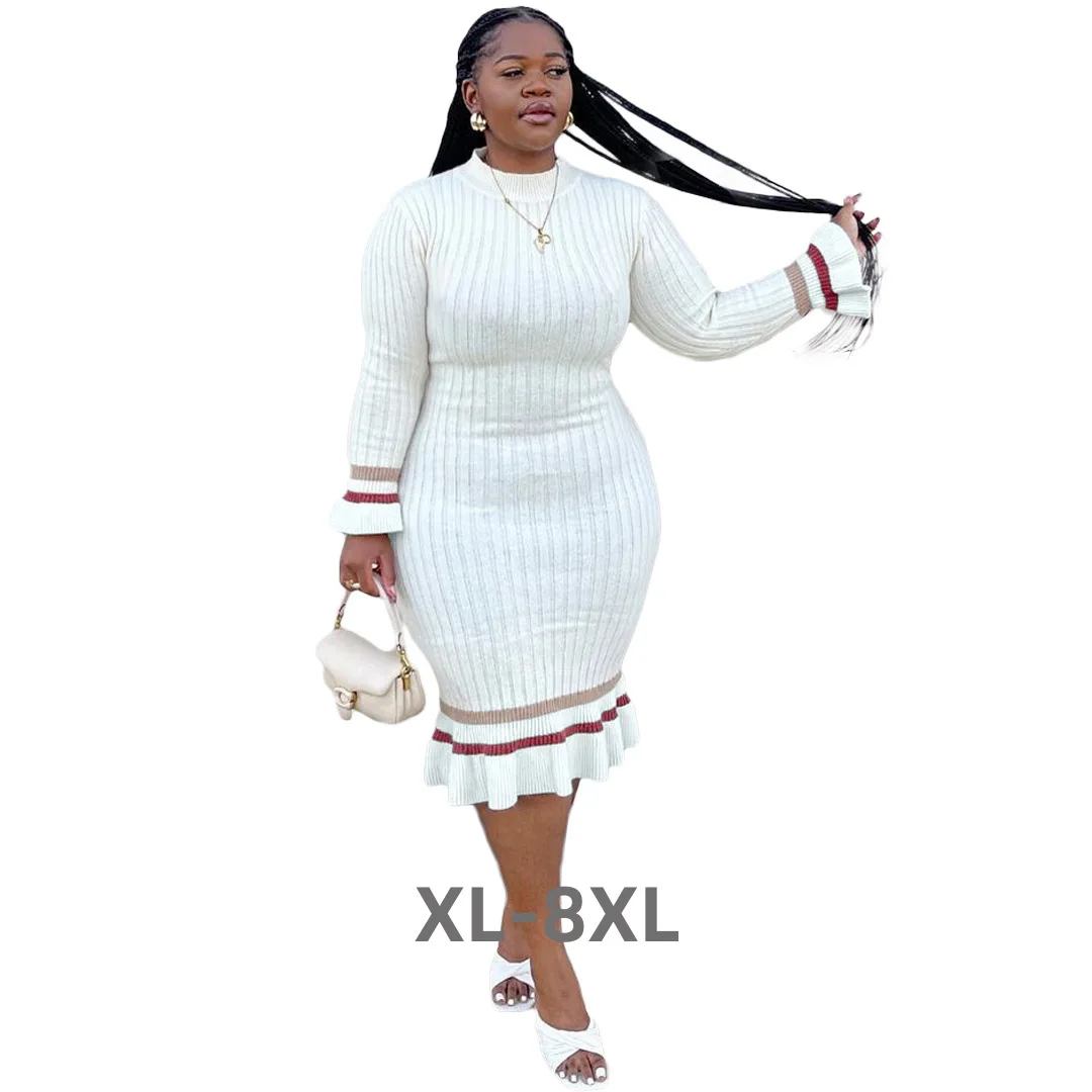 

Plus Size Women's Fashion Solid Color Lantern Sleeve Spliced Stripe Wrap Hip Mid length Dress 4XL 5XL 6XL 7XL 8XL