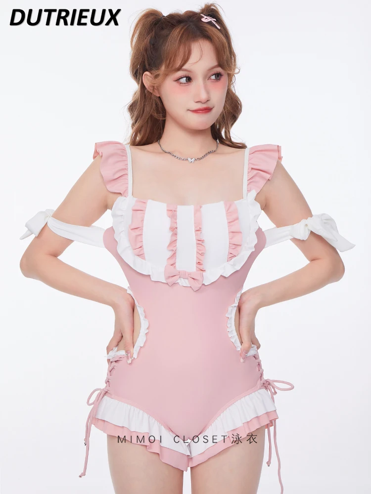 

Summer New Pink Lolita Sleeveless Swimsuit Girl Cute Japanese Pure Desire Hot Spring One Piece Swimming Bathing Suit for Women