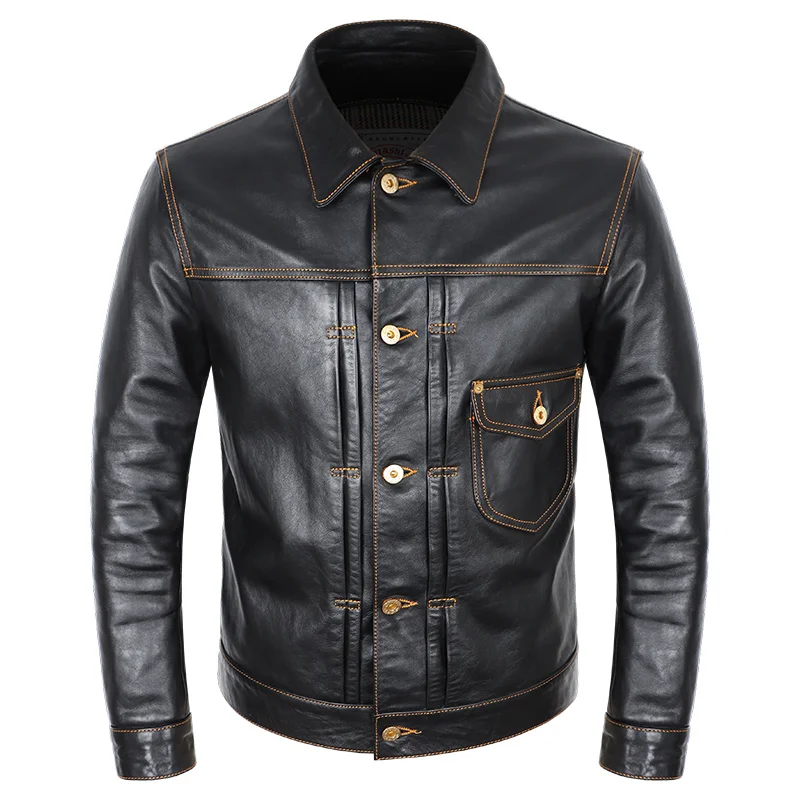 

Мужская винтажная мотоциклетная куртка, черный жакет из натуральной воловьей кожи, Гладкий Мягкий приталенный силуэт, повседневная куртка,