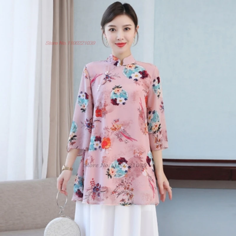 

2024 traditional chinese vintage blouse national flower print ethnic hanfu tops oriental improved qipao blouse folk streetwear