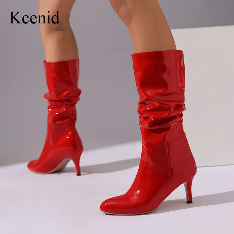 

Kcenid Women Mid-Calf Boots Sexy Patent Leather Pointed Toe Women Shoes High Heels Autumn Winter Concise Ladies Party Boots