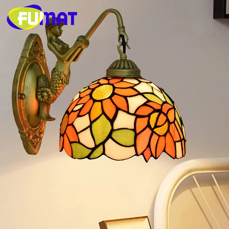 

FUMAT Tiffany style stained glass 8inch retro pastoral Sunflower Mermaid wall lamp Dining room bedroom aisle balcony LED decor