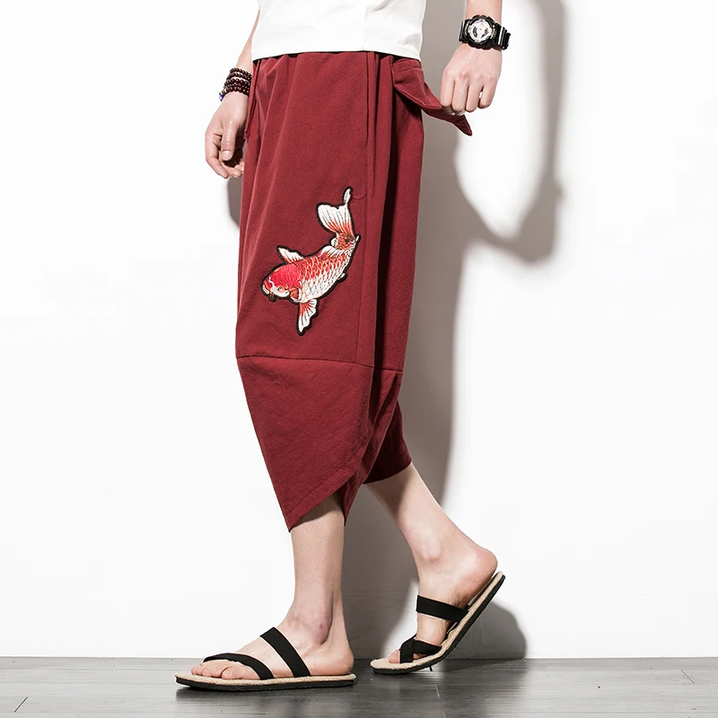 

2024 Summer Men Chinese Style Cotton Linen Harem Pants Men Streetwear Fish Embroried Pants Male Casual Calf-Lenght Trousers 5XL