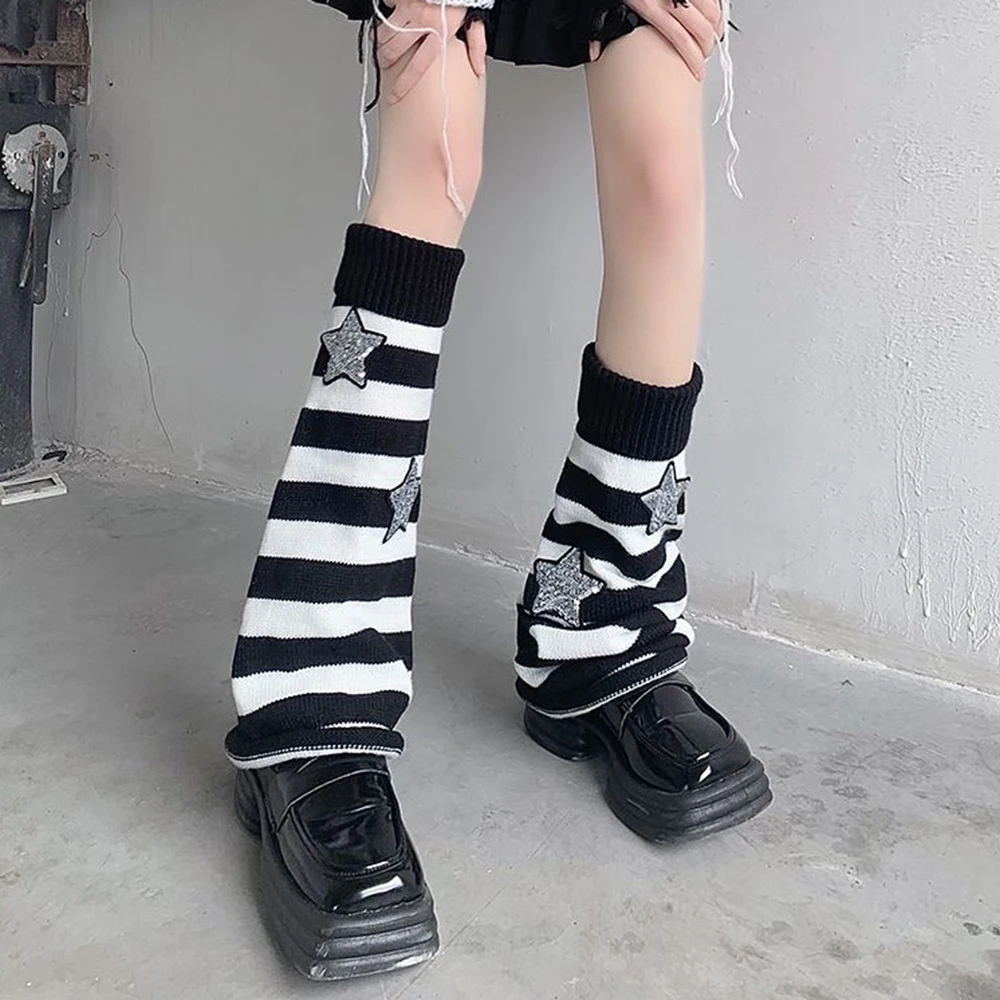 

Y2K Harajuku Leg Warmers Japanese Girls Bone Striped Stars Knitted Elastic Leg Protector Women Long High Boot Stockings Socks