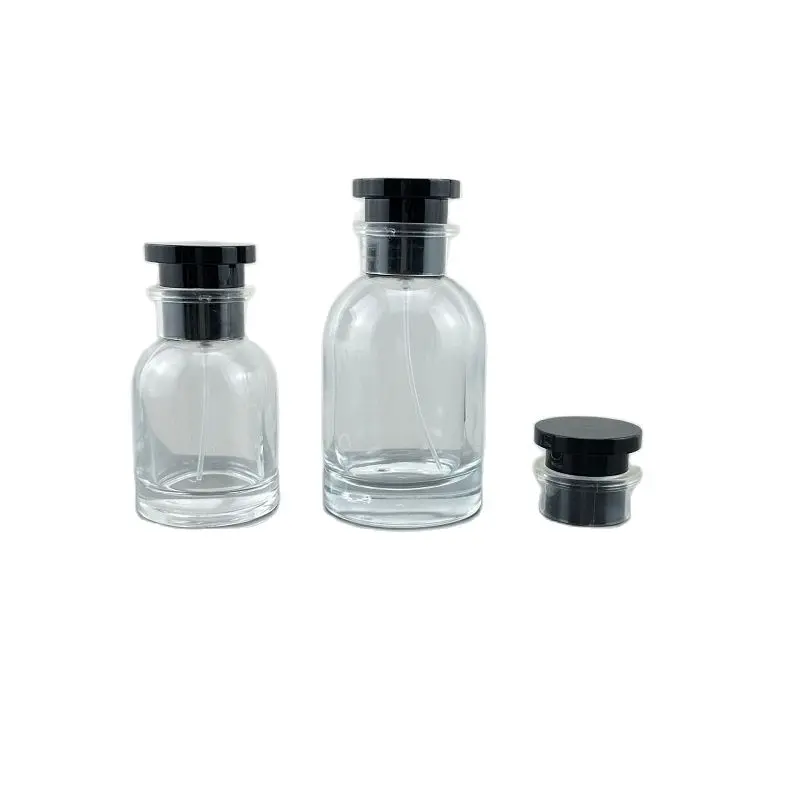 

8pcs Perfume Bottles Crimp Pump Black Lid Cosmetic Refillable Atomizer 1oz Empty Clear Glass Spray Mist Bottles 30ml 50ml 100ml