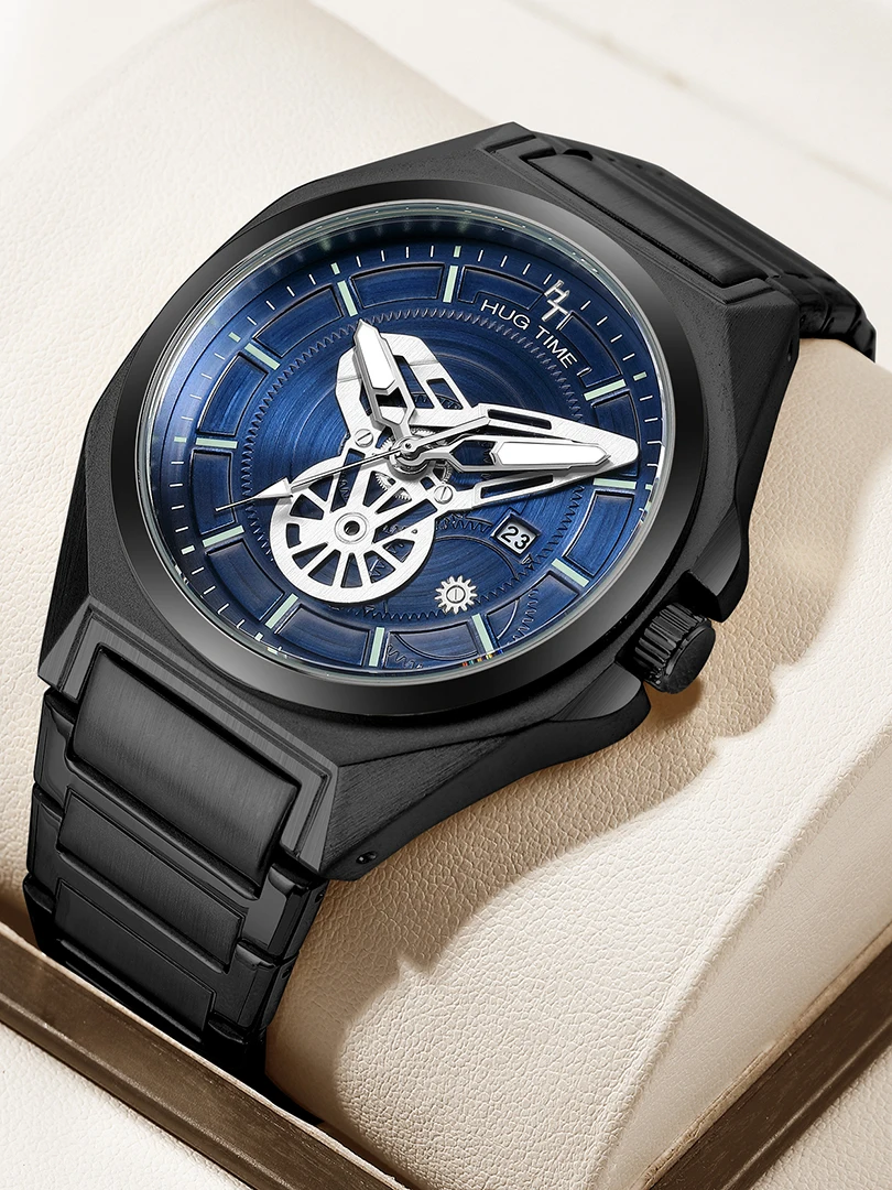 

Luxury Men Watch Full Stainless Steel Band Calendar Reloj Male Blue Quartz Wristwatch Business Man Black Luminous Hands Clock