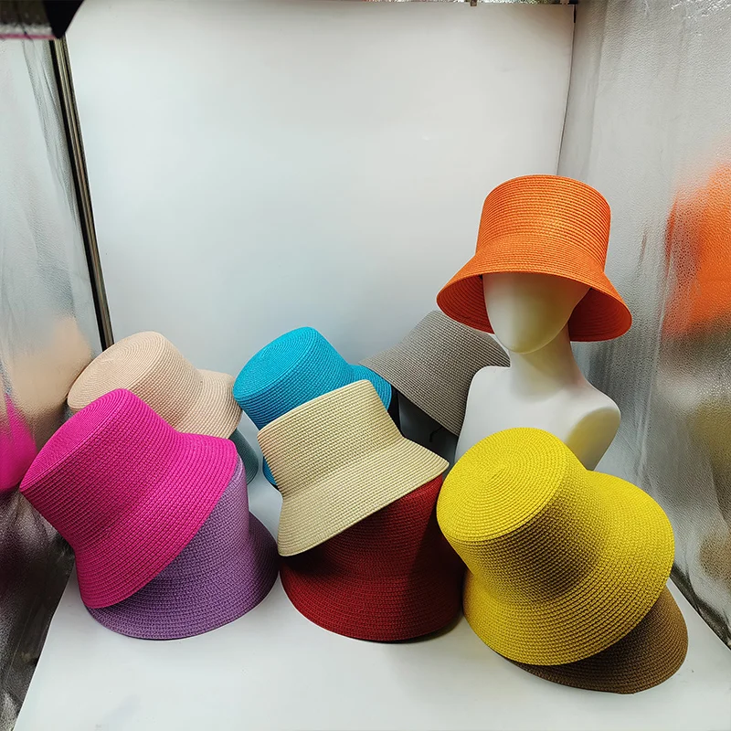 Women Vintage Straw Bucket Hat Summer Beach Women Vintage Straw Bucket Hat Summer Beach