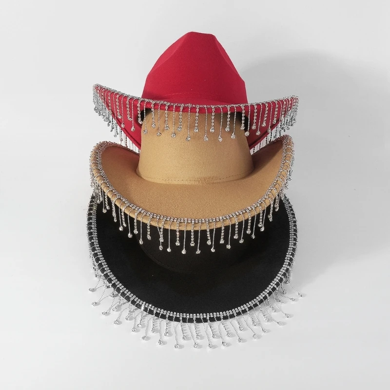 

Trendy Cowboy Hat Denims Hat with Sparkling Rhinestones and Fringe Detail for Outdoor Activities Parties Halloween Hat