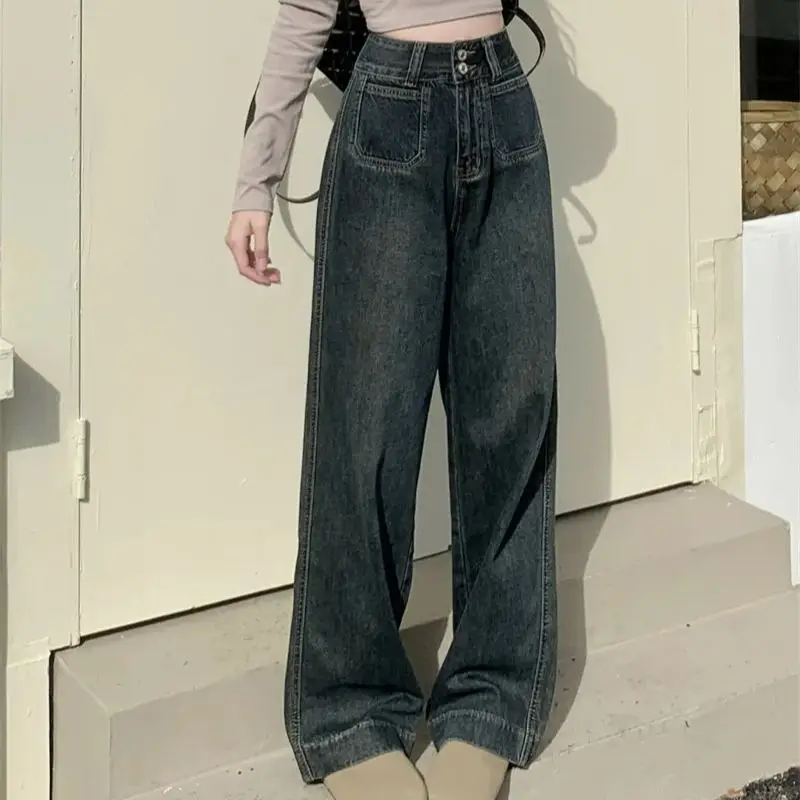 

H.sa Hong Kong style retro narrow wide leg jeans for women high waisted loose slimming straight floor mopping pants