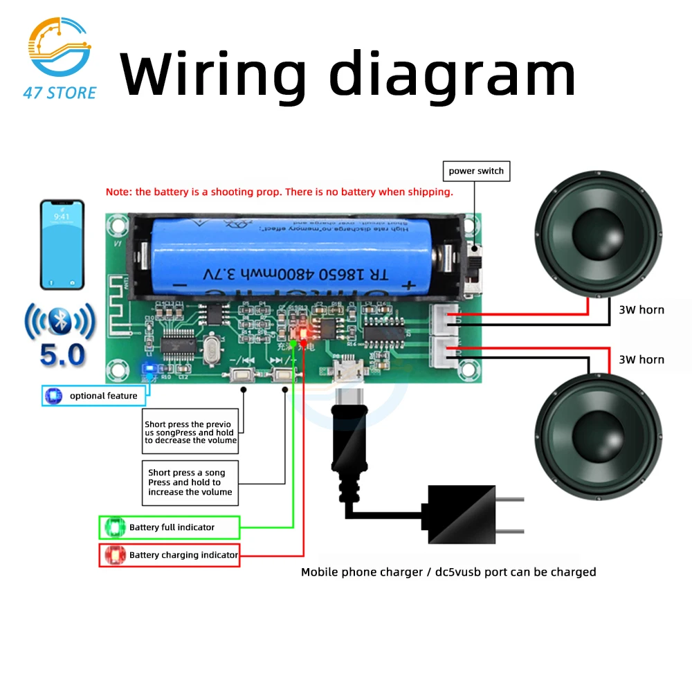 

XH-A153 Lithium Battery BT 5.0 Dual-channel 2 Ch Channel Stereo Low Power Amplifier Board Module 3W+3W DC 5V PAM8403 Chip