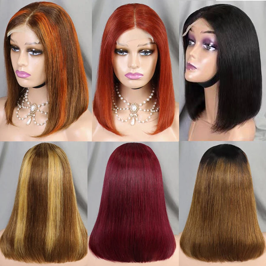 

12 inch Glueless 4x4 Lace Front Wig Human Hair Bob Wigs Pre-Plucked Transparent Lace Straight Black Highlight Burgundy Blonde