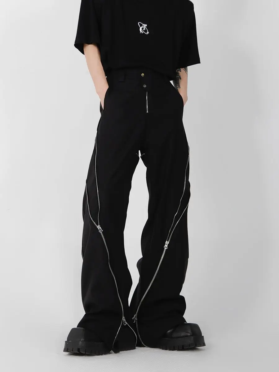 

American trendy brand men black zipper design slit slightly flared pants vertical feeling straight casual retro trousers