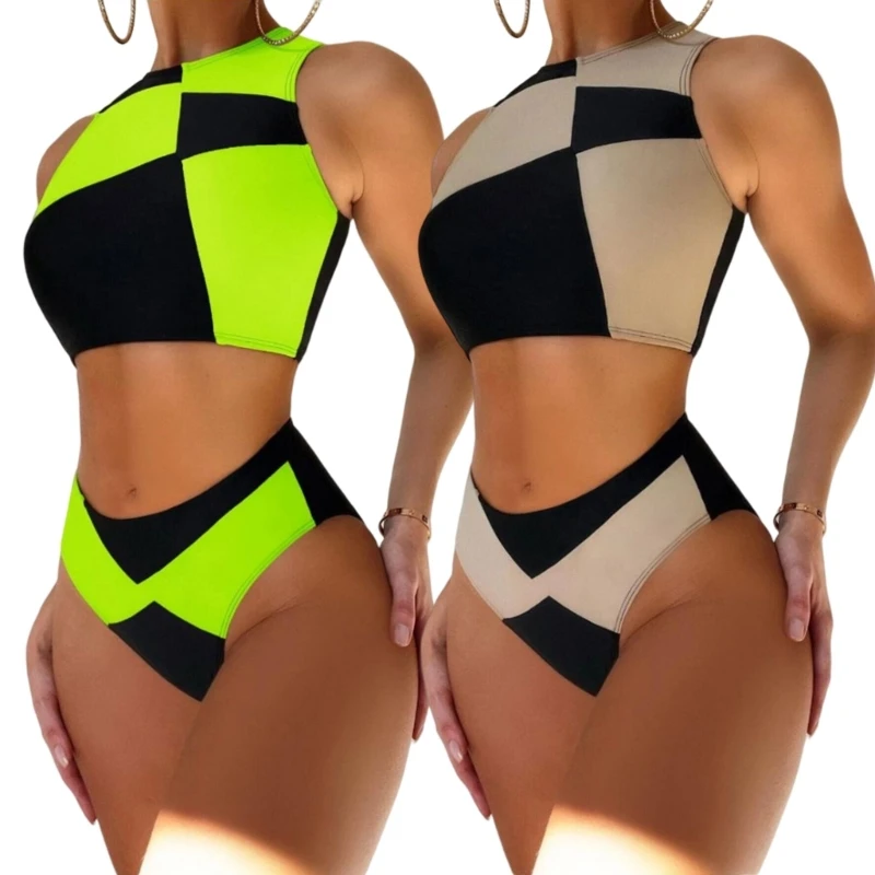 

2024 New Women High Waisted Bikini Set 2 Pieces Sports-Color- Block Wireless Swimsuit Scoop-Neck Cheeky Bathing Suit with Padded