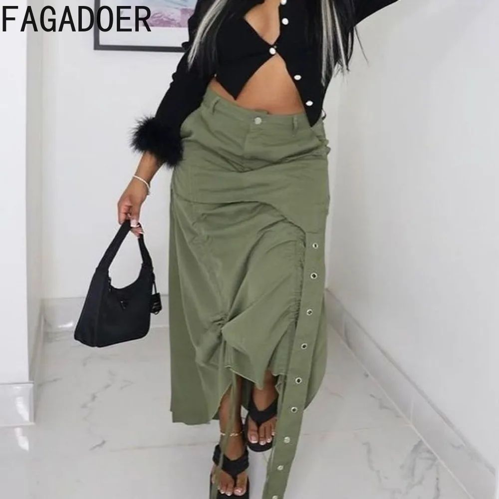 

FAGADOER Green Fashion Streetwear Women High Waisted Button Drawstring Ruched Skirt Casual Female Solid Color Cargo Bottoms 2024