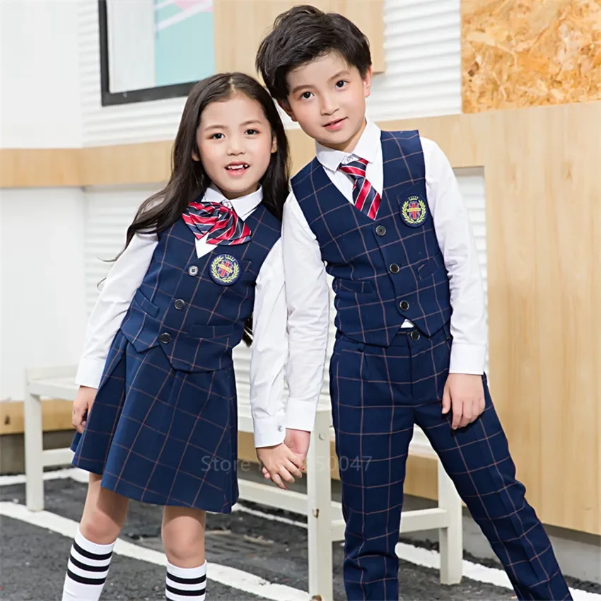 

Children Korean Japanese Kindergarten Primary School Uniform Boy Girl Academic Navy Kawaii Waistcoat Vest Tie Clothing Set Suit