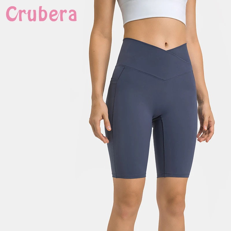 

CRUBERA Crossed Waist Hip Lift Elasticity No T-Line Yoga Pants Women's High Waist Side Pockets Tight Running Capris
