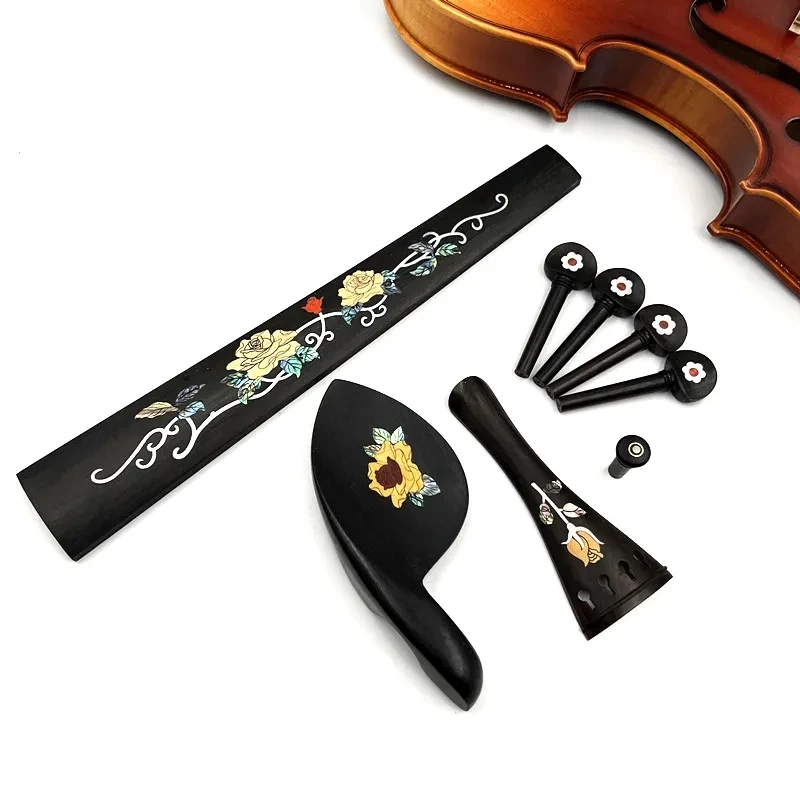 

1 set 4/4 violin ebony accessories parts fittings,Inlaid pattern Tailpiece+Tuning pegs+Endpins+Chin rest/Chin Holder+Fingerboard