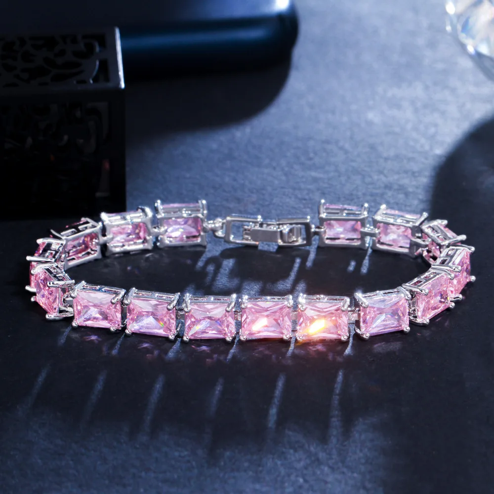 

Stunning Rectangle Pink Cubic Zirconia Tennis Bracelets for Women Luxury Zircon Wedding Party Bridal Jewelry Gift