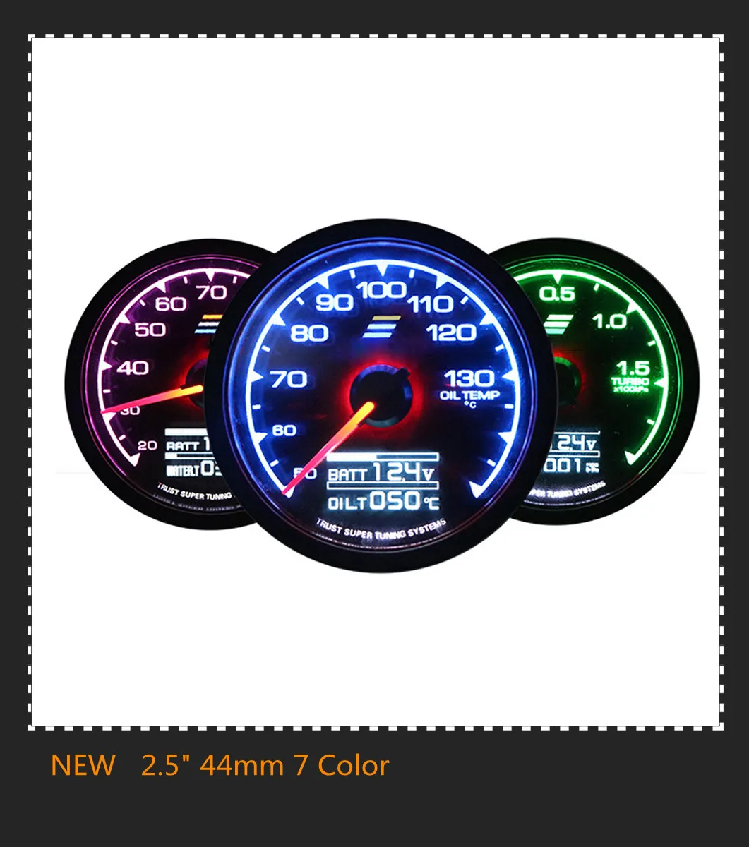 2.5" 44mm 7 Color Car LCD Digital Display Turbo Boost/Water Temp/Oil Temp/Oil press/Volt/Tachometer/Vacuum/Air Fuel Ratio Gauge
2.5" 44mm 7 Color Car LCD Digital Display Turbo Boost/Water Temp/Oil Temp/Oil press/Volt/Tachometer/Vacuum/Air Fuel Ratio Gauge