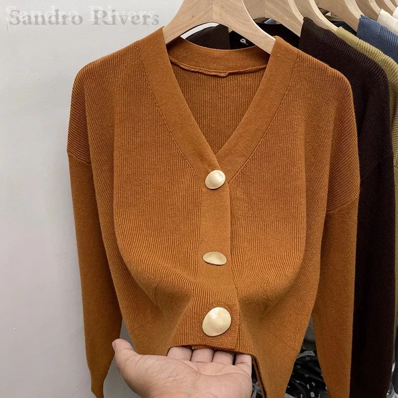 

Sandro Rivers Cardigan Knit Sweater Female Fall And Winter High-waisted Short V-neck Blouse Thin Section Of Outer Wear Tops