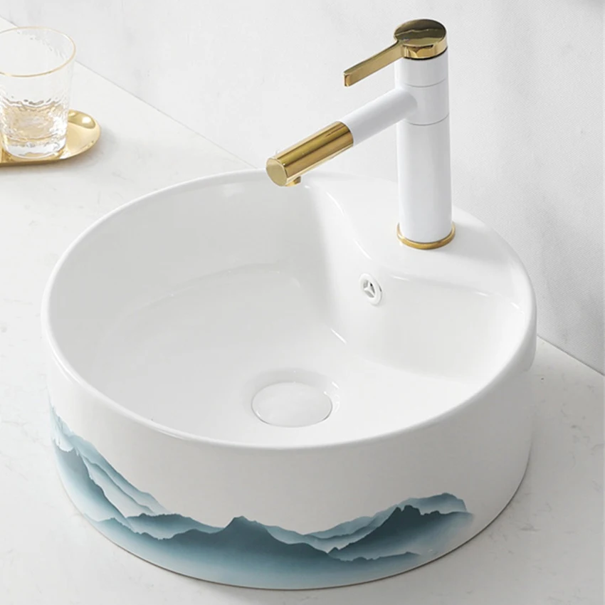 

Chinese Style Oval Washbasin Household Bathroom Washbasin Ceramic Square Tabletop Art Basin Light Luxury Fashion Wash Basin