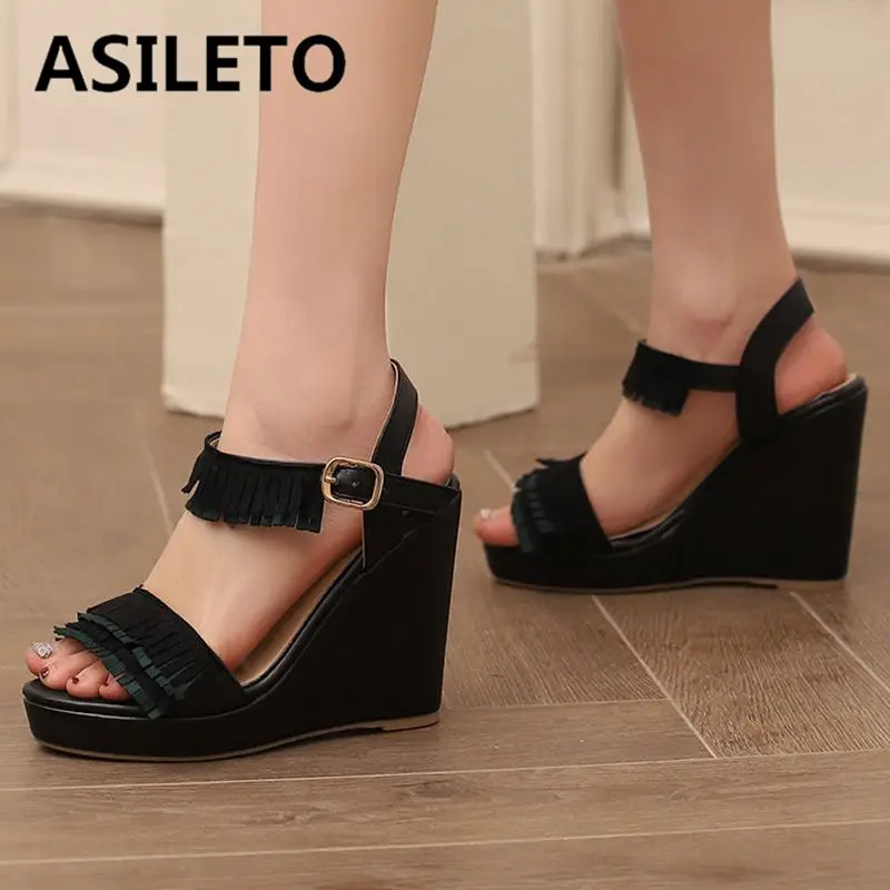 

ASILETO 2024 Summer New Tassesl Sandals Open Toe Wedges High Heels 11cm Platform 2.5cm Buckle Big Size 49 50 Dating Shoes