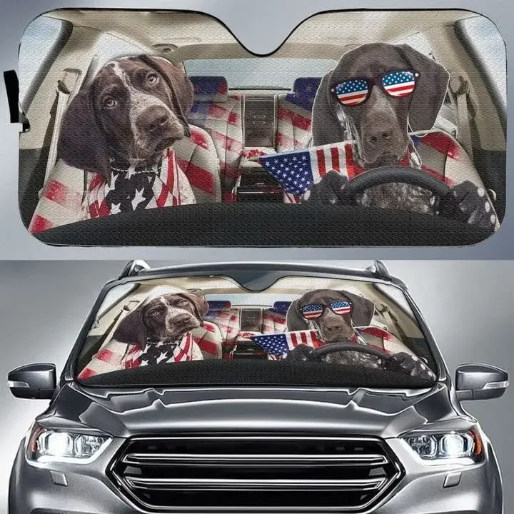 

German Shorthaired Pointer American Flag Car Sun Shade, Patriot Dog Car Sunshade for Dog Lovers GSP Lover, Premium UV Protector