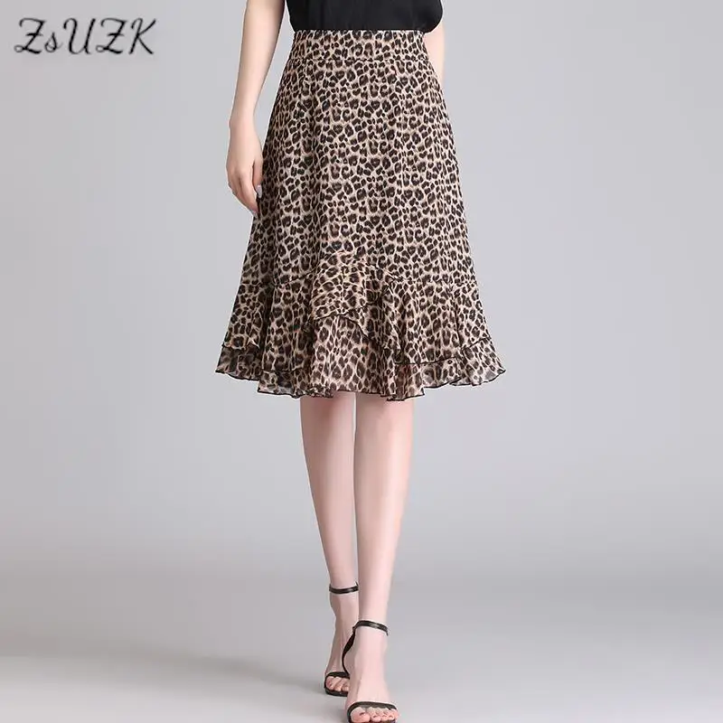 

ZUZK Women Chiffon A-line Skirt New Summer Soft Elastic High Waist Elegant Lady Skirt Expansion Droop Knee-Length Skirt Jupe