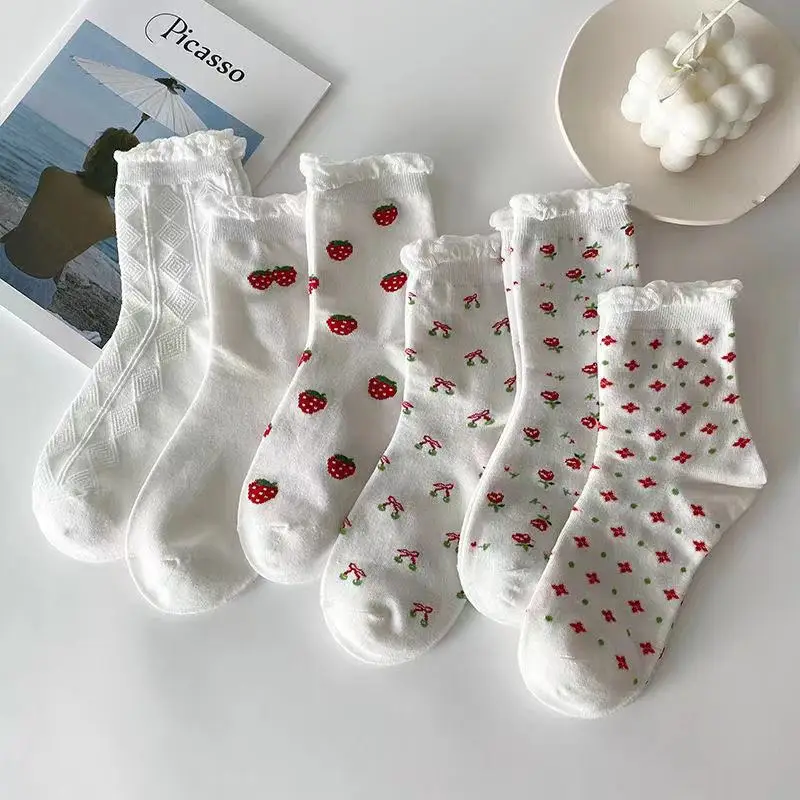 

Women Socks Cotton Flower Strawberry Print Kawaii Cute Funny Short Ankle Crew Socks Ladies Lolita Designer Luxury White Soks