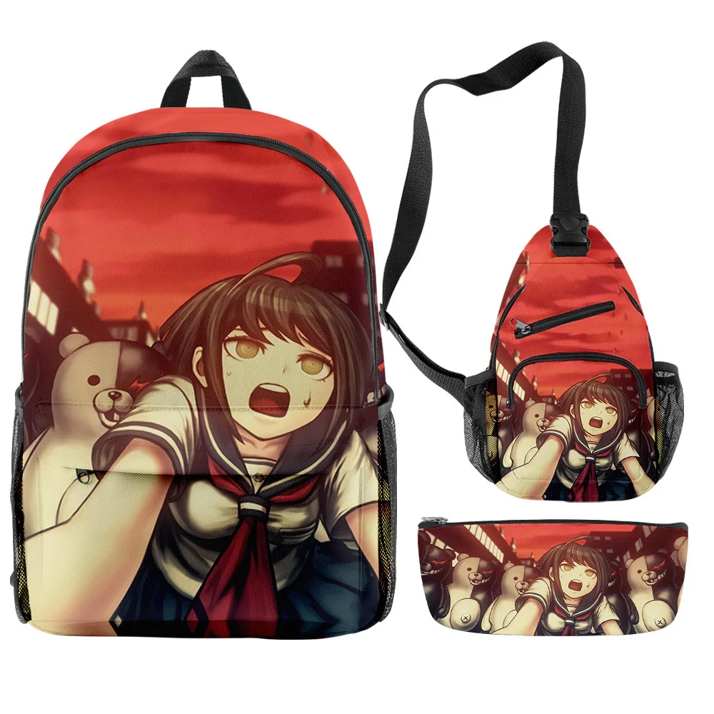 

Classic Novelty Danganronpa Monokuma 3D Print 3pcs/Set pupil School Bags Travel Laptop Backpack Chest Bag Pencil Case