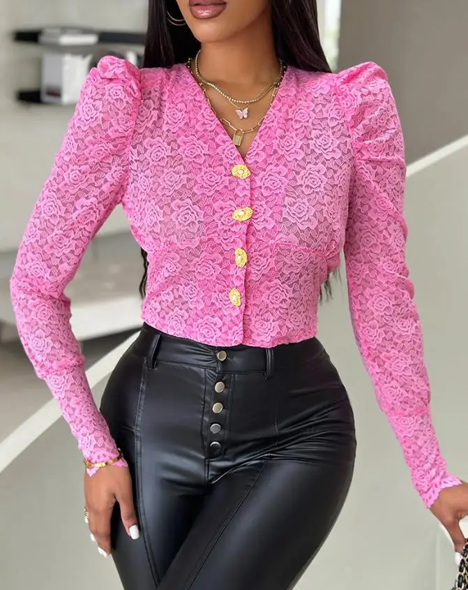 

Women's Shirt Floral Pattern Lace Buttoned V-Neck Floral Print Casual Long Sleeve Slim Semi-Sheer Button Fashion Blouses Tops