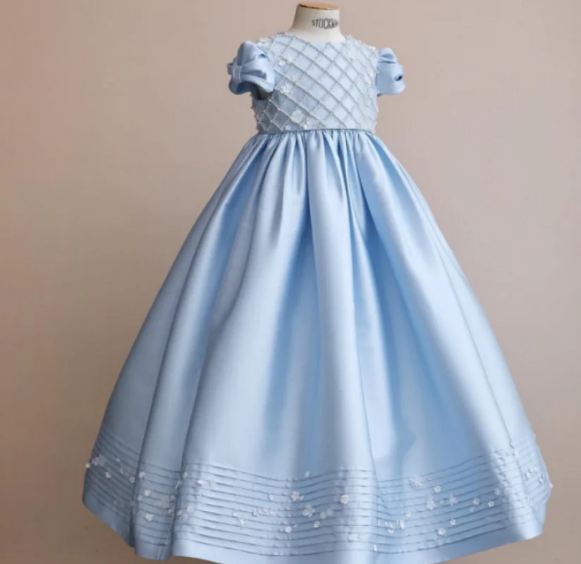 

Sky Blue Puffy Skirt Elegant Flower Girls Dress For Wedding Party Short Sleeves Concert Junior Bridesmaid Gown First Communion
