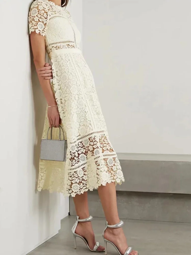 2023 Top Quality Solid Ivory Hook Flower Hollow Lace Elegant Midi Length Dress Women 
2023 Top Quality Solid Ivory Hook Flower Hollow Lace Elegant Midi Length Dress Women