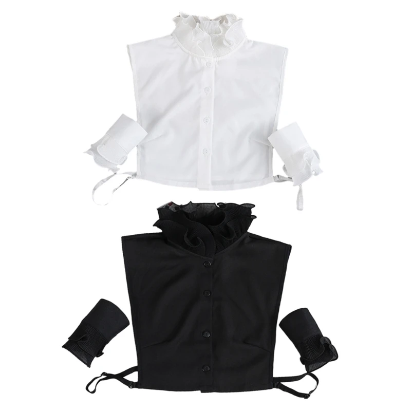 

French Elegant Ruffled Stand-Up Fake Collar Detachable Blouse Button Down Mock Neck Half Shirts Crop Top for Women