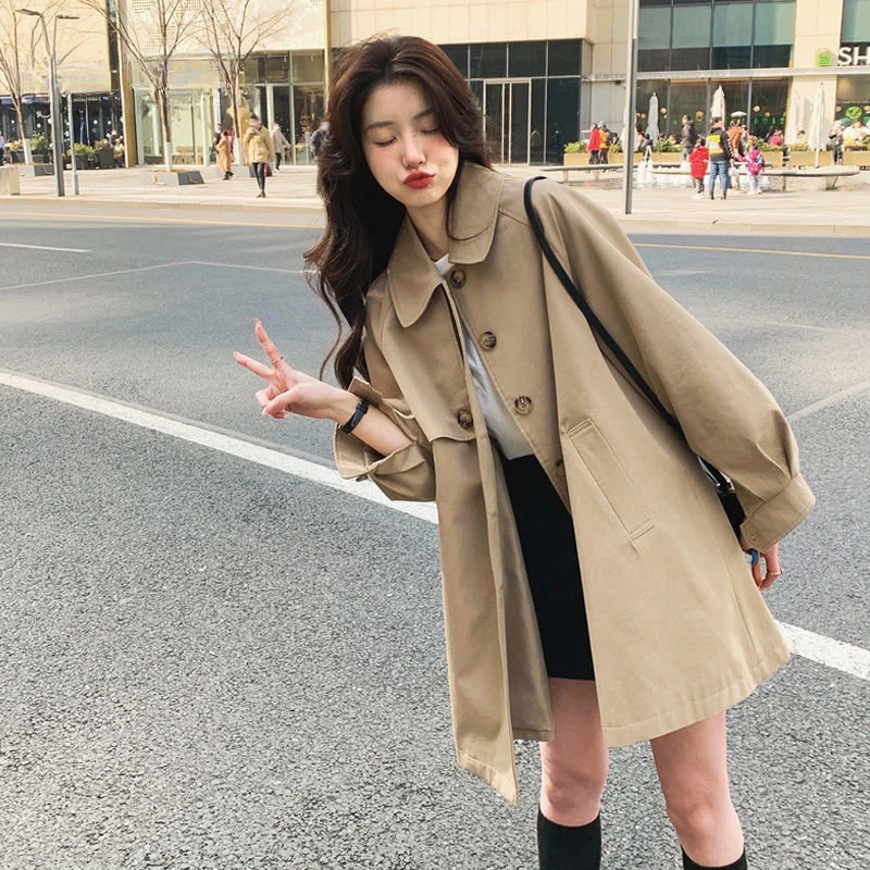 

Vintage Peter Pan Collar Trench Coat Women Autumn Lantern Sleeve Classic Windbreaker Jacket Female Korean Elegant Loose Overcoat