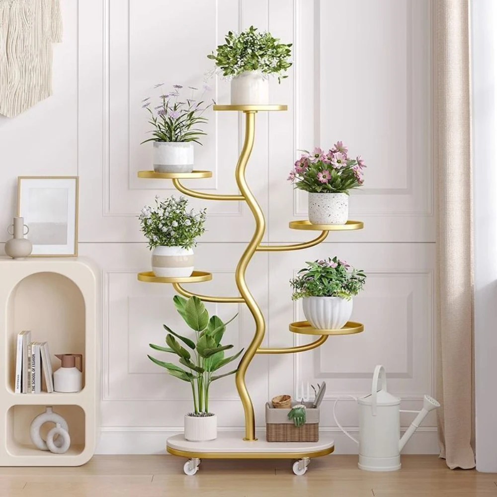 

Light luxury movable flower rack, living room, floor standing indoor multi story balcony storage rack, iron art succulent flower