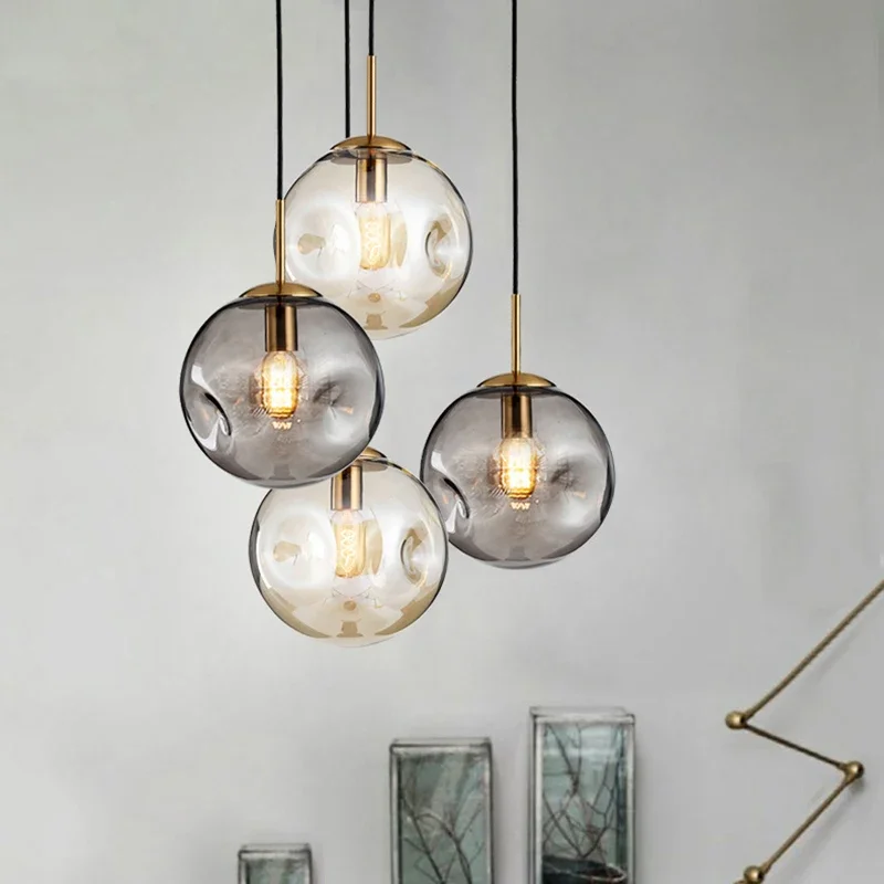 

Creative Led Pendant Lamps Loft Champagne Gray Glass Ball Dining Light Living Room Chandelier 25cm Lamp Light Fixtures