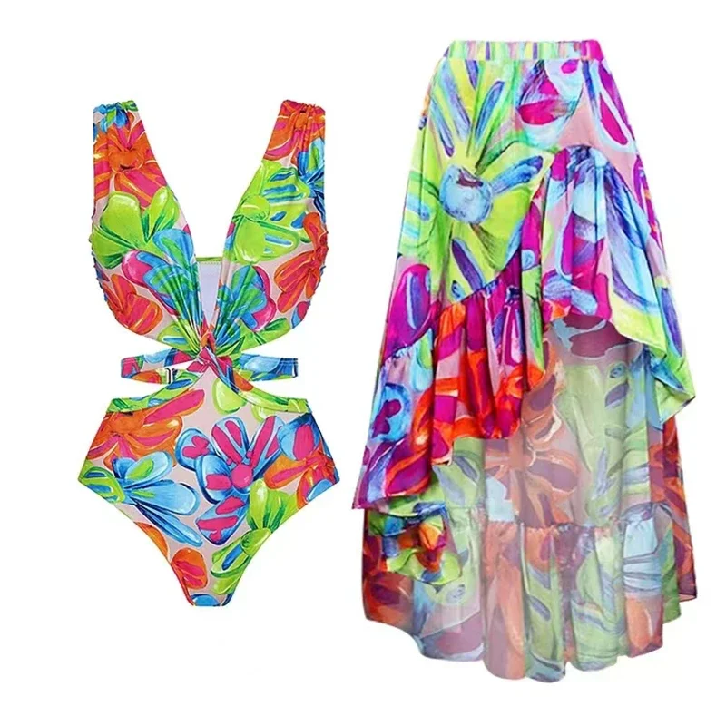 Colorful Petal Print Deep V Neck One-Piece Swimsuit and Cover Up Sexy Cut Out Bikinis Set Women's Luxury Swimwear Beachwear 2024 
Colorful Petal Print Deep V Neck One-Piece Swimsuit and Cover Up Sexy Cut Out Bikinis Set Women's Luxury Swimwear Beachwear 2024