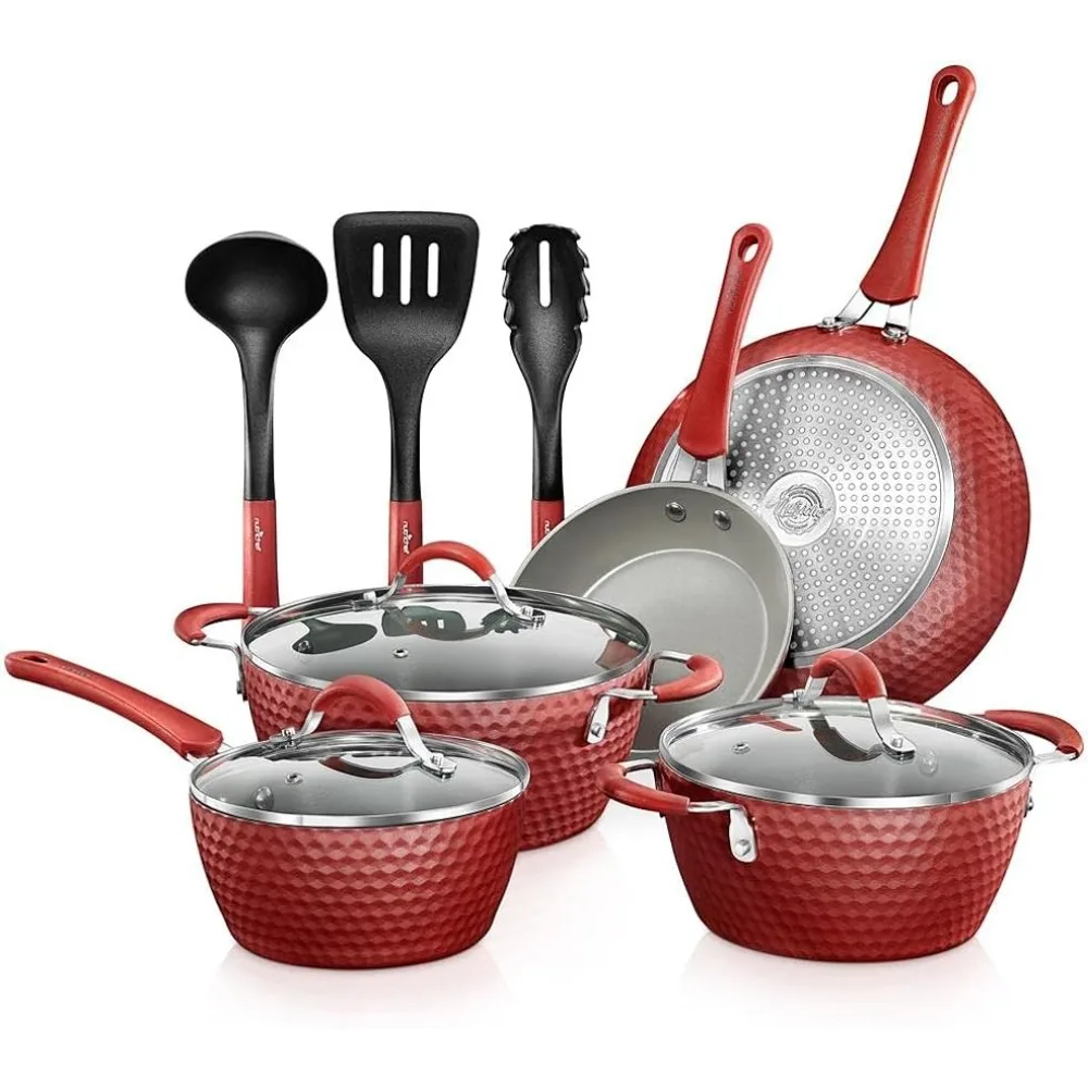 

Non-Stick Kitchenware Pots & Pans-11 Pcs. Stylish Kitchen Cookware Set w/Elegant Diamond Pattern, Gray Inside & Red Outside